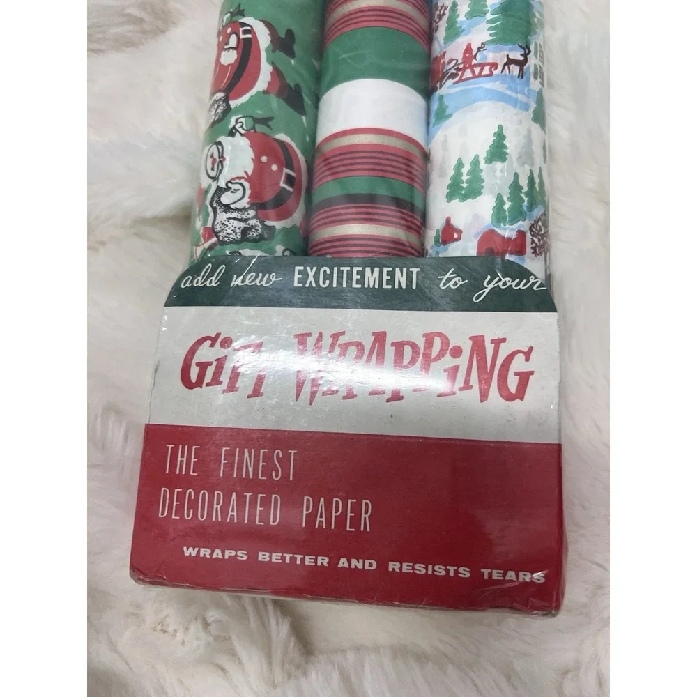 Vintage Bonanza Wrapping Paper 50s 60s Mcm Santa Stripes Kitschy Roll 3 Lot